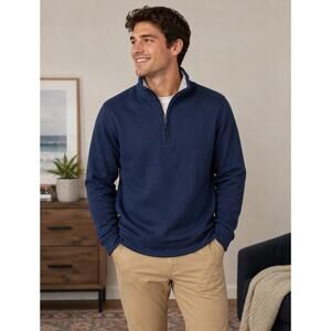 Orvis Mens Quarter Zip Pullover Sweater Navy Blue Waffle Knit Sherpa Collar XL‎
